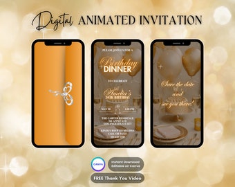 Inbjudan till middag i guld, animerad inbjudan till middagsbjudning i guld, redigerbar digital videoinbjudan till födelsedagsfest, middag och drycker