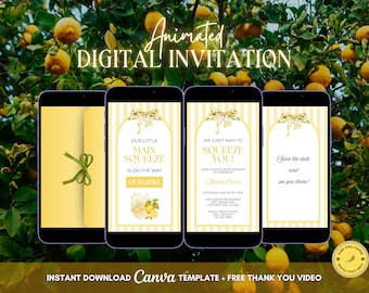 We Can't Wait To Squeeze You Lemon Baby Shower Invitation, Main Squeeze Animated Invitation, Little Lemon Digital Video Invite