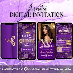 Quinceanera Invitation, Purple Quinceanera Animated Invitation, Editable Quinceañera Digital Video Invitation, Sweet 16 Mis Quince Años