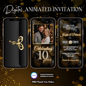 Einladung zum 10-jährigen Jubiläum, animierte Einladung zur Party zum 10-jährigen Jubiläum, bearbeitbares digitales Video zum Jubiläum, Hochzeitsanniv Evite