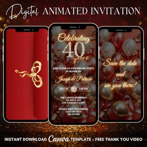 40th Anniversary Invitation, Red 40th Anniversary Party Animated Invitation, Editable Anniversary Digital Video Invite, Wedding Anniv Evite