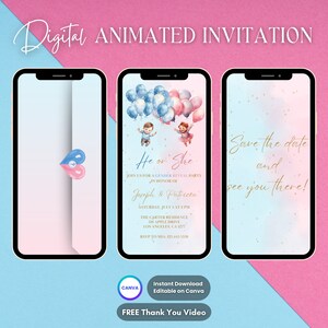 Faire-part de révélation de sexe, invitation animée de fête de baby shower, invitation vidéo numérique de révélation de sexe modifiable, invitation vidéo de baby shower