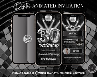 30th Disco Birthday Animated Invitation, Editable Groovy Dance Party Digital Video Invite Template, Evite