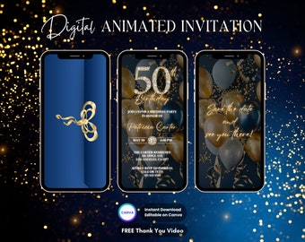 Puede incluir: Invitación animada digital para una fiesta de cumpleaños número 50. La invitación presenta un esquema de color azul y dorado con globos, confeti y un gran número 50 con diamantes. El texto dice "Únete a nosotros para una fiesta de cumpleaños en honor a Patricia Carter, el 30 de mayo a las 4:00 PM, The Carter Residence, 318 Apple Ave, Los Ángeles, CA 12377, Por favor, confirma tu asistencia a Patricia, llama o envía un mensaje de texto al 125-445-5588".