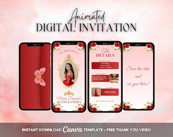 Quinceanera Invitation, Quinceanera Animated Invitation, Editable Red Gold Quinceañera Digital Video Invitation, 16th Quince Video Invite