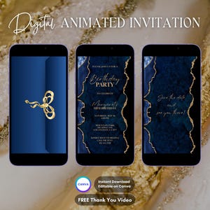 Birthday Party Invitation, Dark Blue & Gold Birthday Animated Invitation, Editable Marble Watercolor Dinner Digital Video Invite Template