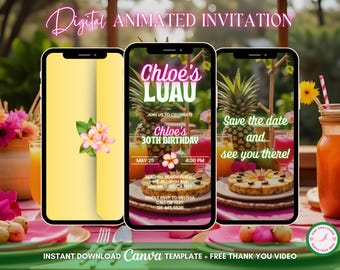 Aloha Luau Invitation, Tropical Party Animated Invitation, Editable Birthday Invitation, Luau Digital Invitation, Tiki Party Video Invite