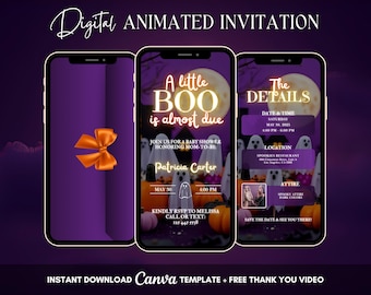 A Little Boo Is Almost Due Invitation, Purple Halloween Baby Shower Party Animated Invitation, Editable Baby Is Brewing Digital Video Invite