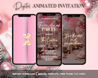 Puede incluir: Invitación digital animada en tres smartphones. La invitación presenta un fondo rosa con detalles dorados y el texto "Friendsmas Party" y "Save the date and see you there!". Es una plantilla de Canva.