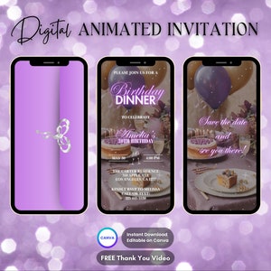 Convite roxo para jantar de aniversário, convite animado para jantar violeta, convite de vídeo digital editável para festa de aniversário, jantar e bebidas