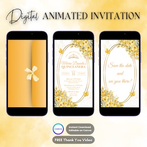 Quinceanera Invitation, Quinceanera Animated Invitation, Editable Yellow Quinceañera Digital Video Invitation, Sweet 16 Quince Video Invite