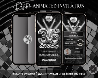 35th Disco Birthday Animated Invitation, Editable Groovy Dance Party Digital Video Invite Template, Evite