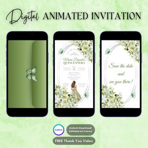 Quinceanera Invitation, Green Quinceanera Animated Invitation, Editable Quinceañera Digital Video Invitation, Sweet 16 Quince Video Invite