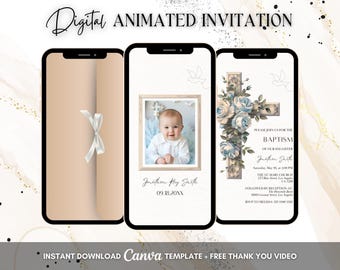 May include: Digital animated invitation displayed on three smartphones. The first shows a beige background with a white ribbon. The second displays a baby photo. The third features a cross with blue roses and text for a baptism.