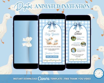 Blue Silly Goose Baby Shower Invitation, Editable Little Goose About To Be On The Loose Animated Digital Video Invite Template