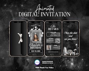 Black & White Birthday Invitation, Black Party Animated Invitation, Editable Black White Theme Party Digital Video Invite Template, Evite