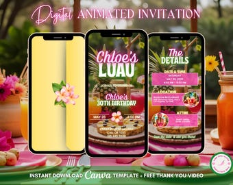 Aloha Luau Invitation, Tropical Party Animated Invitation, Editable Birthday Invitation, Luau Digital Invitation, Tiki Party Video Invite