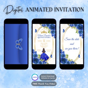 Invito Quinceanera, Invito animato Quinceanera blu reale, Invito video digitale modificabile Quinceañera, Dolce 16 Quince Evite
