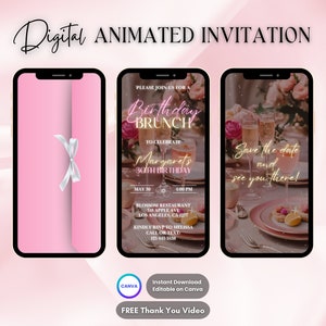 May include: A digital invitation for a birthday brunch. The invitation is pink and features a floral design with champagne glasses and a plate of food. The text on the invitation reads "Birthday Brunch" and "Save the date and see you there!" The invitation is editable on Canva.
