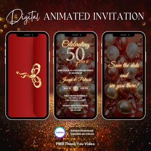 50th Anniversary Invitation, Red 50th Anniversary Party Animated Invitation, Editable Anniversary Digital Video Invite, Wedding Anniv Evite