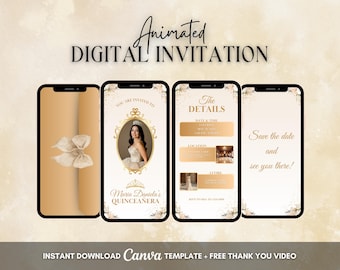 Quinceanera Invitation, Quinceanera Animated Invitation, Editable Champagne Gold Quinceañera Digital Video Invite, 16th Quince Video Evite
