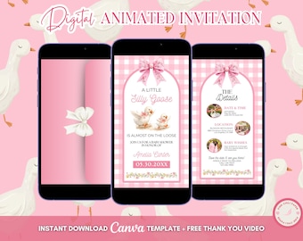Pink Silly Goose Baby Shower Invitation, Editable Little Goose About To Be On The Loose Animated Digital Video Invite Template