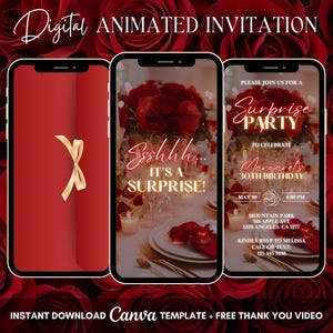 Surprise Party Invitation, Red Surprise Dinner Animated Invitation, Surprise Birthday Video Invitation, Shhh Surprise Party Video Invite