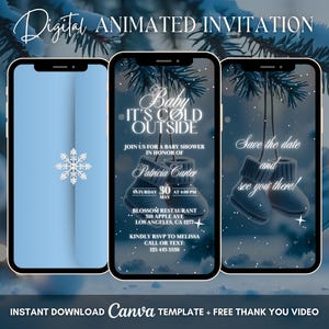 Op de afbeelding: Digitale geanimeerde uitnodiging voor een babyshower weergegeven op drie smartphones. Het ontwerp toont een sneeuwvlok, babyschoentjes en de tekst "Baby It's Cold Outside". De uitnodiging bevat evenementdetails en RSVP-informatie.