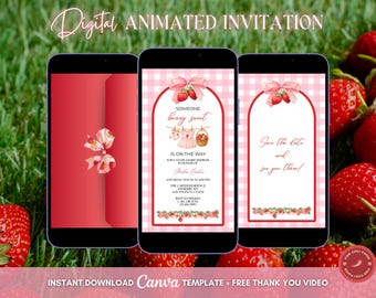 Berry Sweet Baby Shower Invitation, Pink Strawberry Animated Invitation, Editable Berry Baby Shower Party Digital Video Invite Template