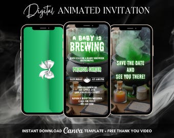 Halloween Baby Shower Invitation, A Baby Is Brewing Animated Invitation, Editable Green Halloween Baby Shower Party Digital Video Invite
