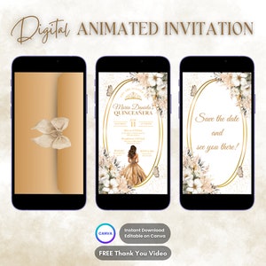 Quinceanera Invitation, Champagne Quinceanera Animated Invitation, Editable Quinceañera Digital Video Invitation, 15th Quince Video Invite