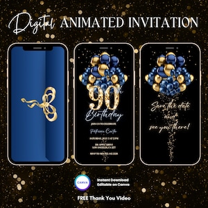 Op de afbeelding: Digitale geanimeerde uitnodiging voor een 90e verjaardag. De uitnodiging heeft een blauw en gouden kleurenschema met een nummer 90 gemaakt van gouden ballonnen. De tekst op de uitnodiging luidt "90e verjaardag" en "Doe mee met het vieren van Patricia Carter".