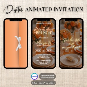 Orange Brunch Invitation, Birthday Brunch Animated Invitation, Editable Brunch Party Digital Video Invite, Breakfast Birthday Floral Party