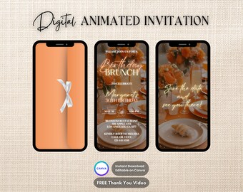 Invitación de brunch naranja, invitación animada de brunch de cumpleaños, invitación de vídeo digital de fiesta de brunch editable, fiesta floral de cumpleaños de desayuno