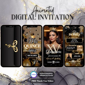 Quinceanera Invitation, Black Quinceanera Party Animated Invitation, Editable Quinceañera Digital Video Invitation, Sweet 16 Mis Quince Años