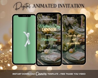 Green Mother's Day Invitation, Mother's Day Dinner Animated Invitation, Editable Mother's Day Digital Video Invite, Happy Mother's Day Party