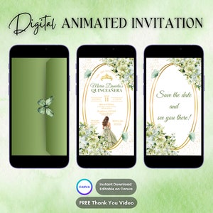 Quinceanera Invitation, Green Quinceanera Animated Invitation, Editable Quinceañera Digital Video Invitation, Sweet 16 Quince Video Invite