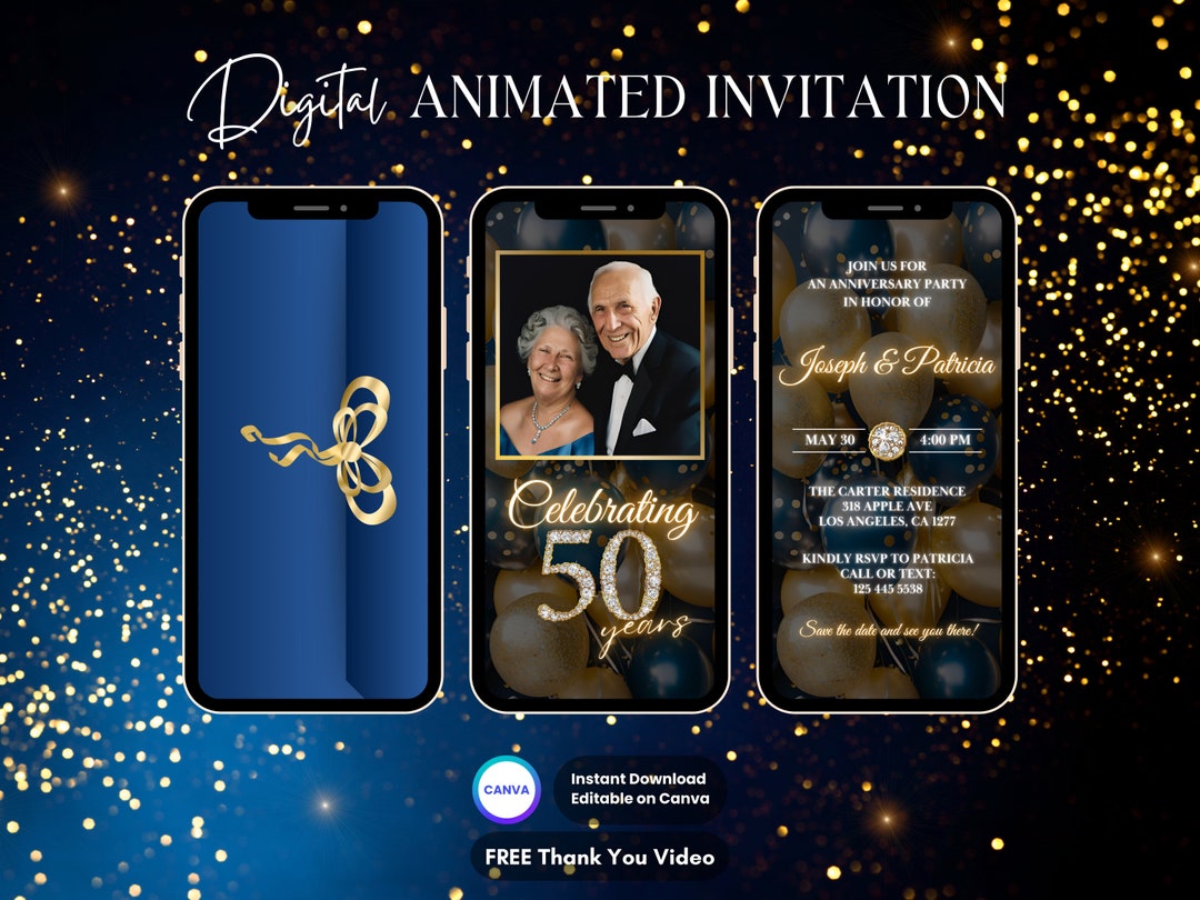 50th Anniversary Invitation, Blue 50th Anniversary Party Animated