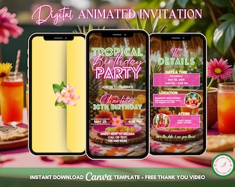 Aloha Luau Invitation, Tropical Party Animated Invitation, Editable Birthday Invitation, Luau Digital Invitation, Tiki Party Video Invite