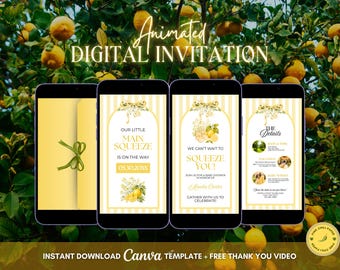 We Can't Wait To Squeeze You Lemon Baby Shower Invitation, Main Squeeze Animated Invitation, Little Lemon Digital Video Invite