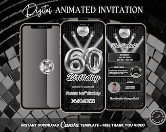 60th Disco Birthday Animated Invitation, Editable Groovy Dance Party Digital Video Invite Template, Evite