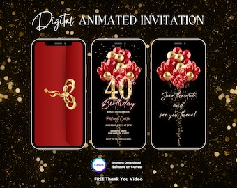 40th Birthday Invitation, Red Gold 40th Birthday Party Animated Invitation, Editable Balloons Digital Video Invite, Dinner Party Evite