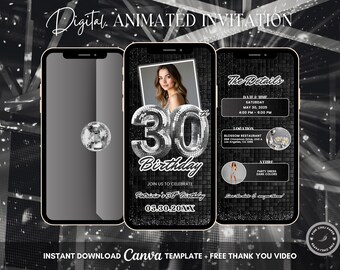 30th Disco Birthday Animated Invitation, Editable Groovy Dance Party Digital Video Invite Template