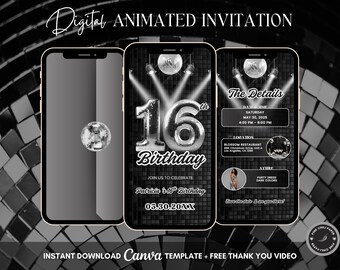 16th Disco Birthday Animated Invitation, Editable Groovy Dance Party Digital Video Invite Template, Evite