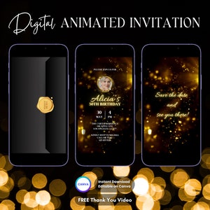 Gold Glitter Birthday Invitation, Animated Invitation, Electronic Birthday Invitation Canva Template, Digital Invitation, Video Invitation