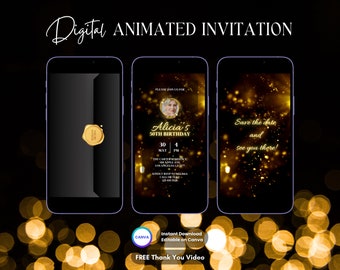 Gold Glitter Geburtstagseinladung, Animierte Einladung, Elektronische Geburtstagseinladung Canva Vorlage, Digitale Einladung, Video-Einladung