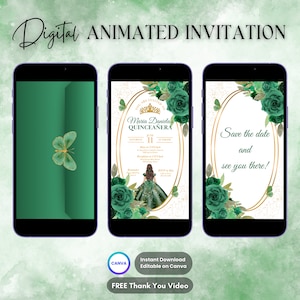 Quinceanera Invitation, Emerald Green Quinceanera Animated Invitation, Editable Quinceañera Digital Video Invitation, Sweet 16 Quince Evite