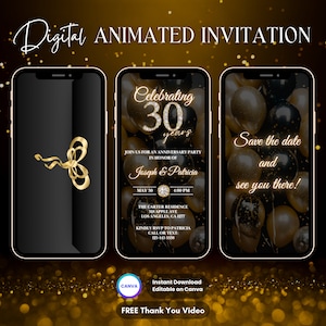 Einladung zum 30-jährigen Jubiläum, animierte Einladung zum 30-jährigen Jubiläum, bearbeitbares digitales Video zum Jubiläum und Hochzeitstag Party Evite