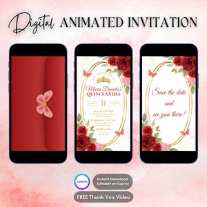 Quinceanera Invitation, Red Quinceanera Animated Invitation, Editable Quinceañera Digital Video Invitation, Sweet 16 Quince Video Invite
