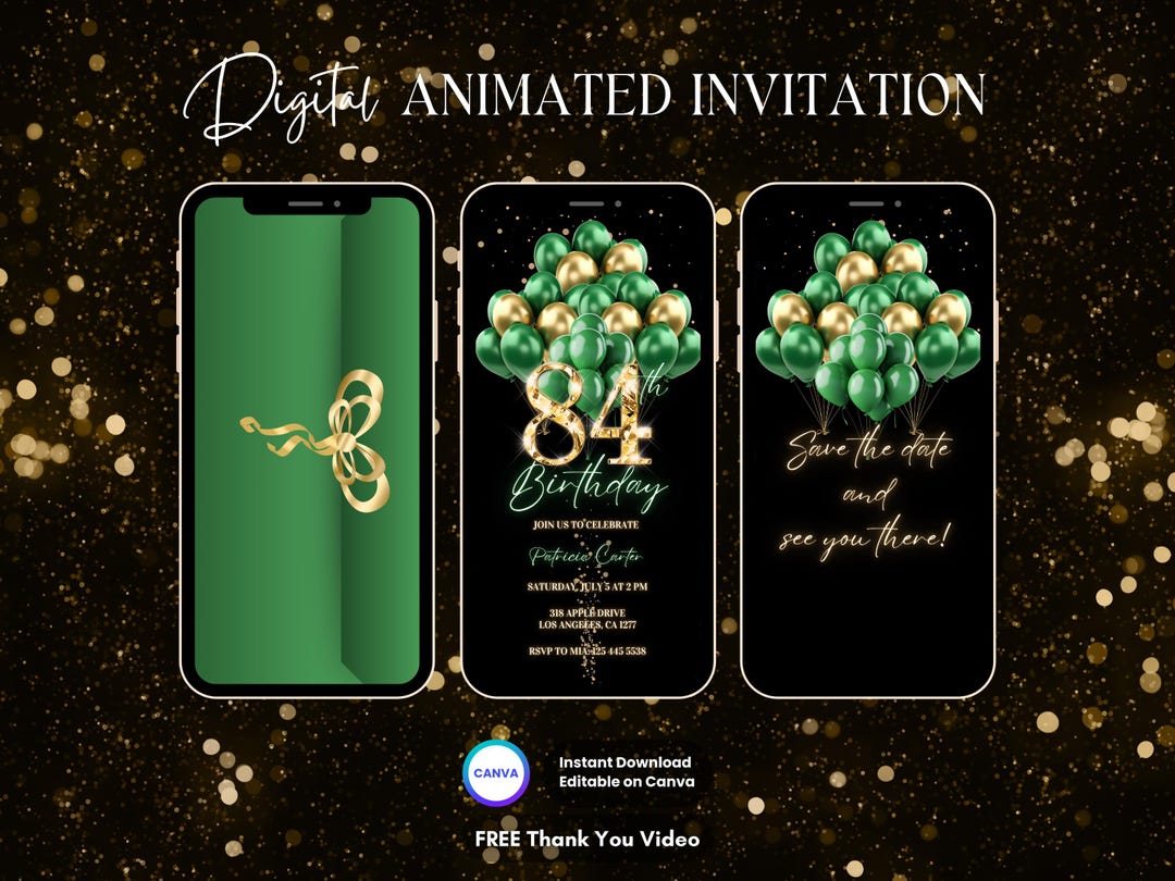 84th Birthday Invitation, Green Gold 84th Birthday Party Animated ...